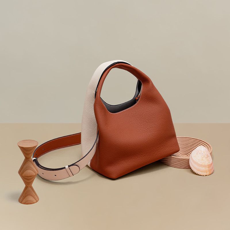 真皮荔枝紋手提水桶包-黑色 (18x22x16.5cm)