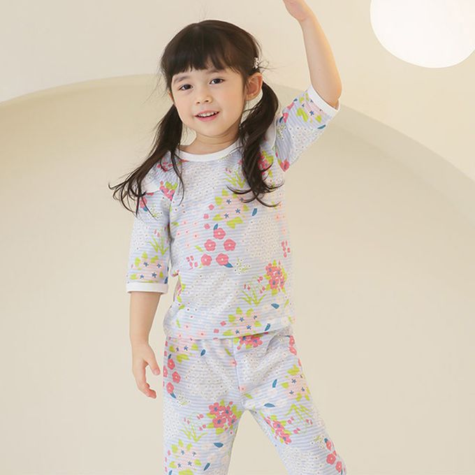 正韓 Puco - 超優質嬰幼兒/兒童七分袖100% 有機純棉家居服/睡衣-百花盛開