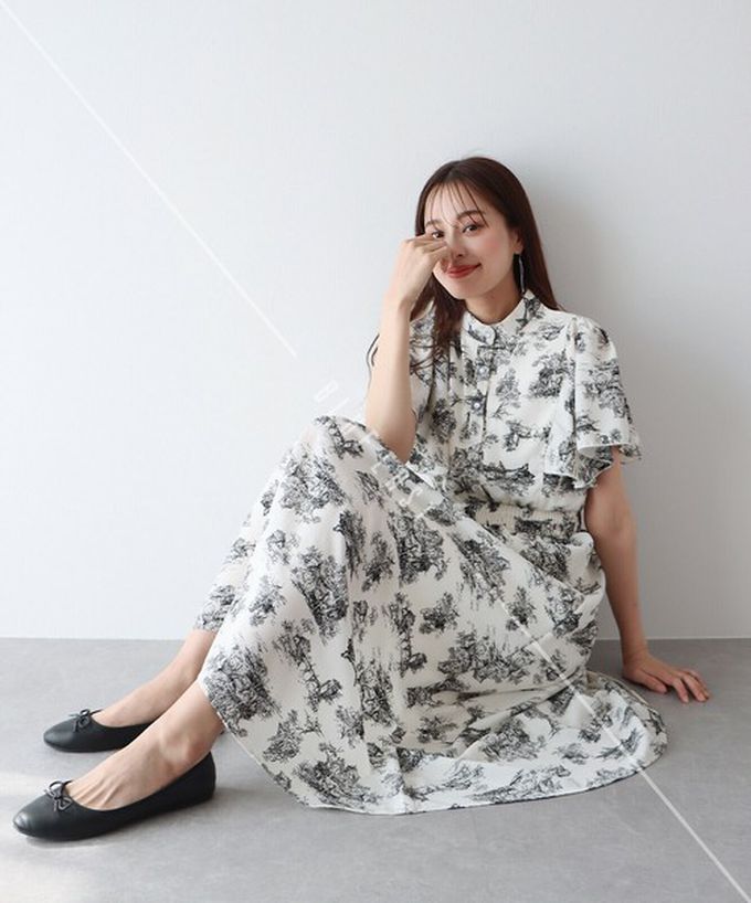 日本 BLUE EAST - 浪漫時光碎花雪紡短袖洋裝-水彩花紋-白