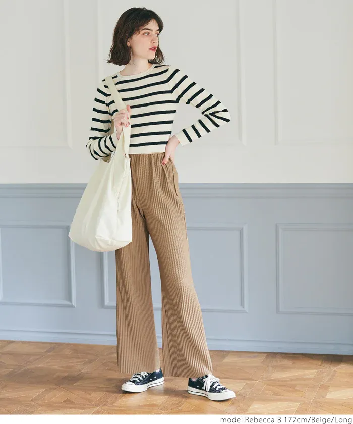 日本 COCA - [可剪裁] 羅紋彈性垂墜寬褲-黑