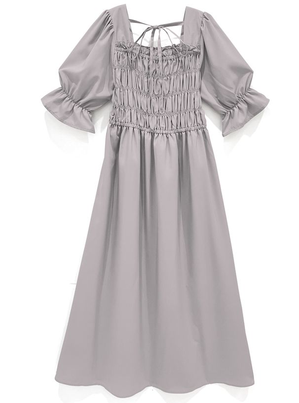 日本 GRL - 法式優雅方領抓皺短袖洋裝-古典黑