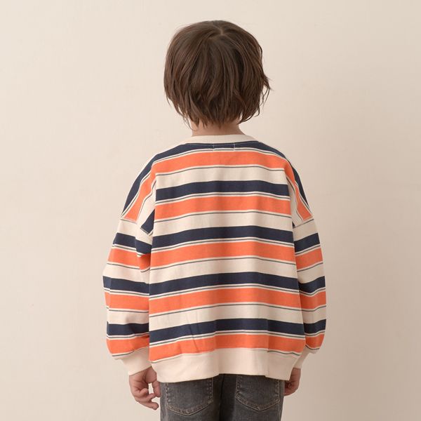 日本 b-ROOM - 裏起毛亮色系大落肩條紋上衣-黑灰系