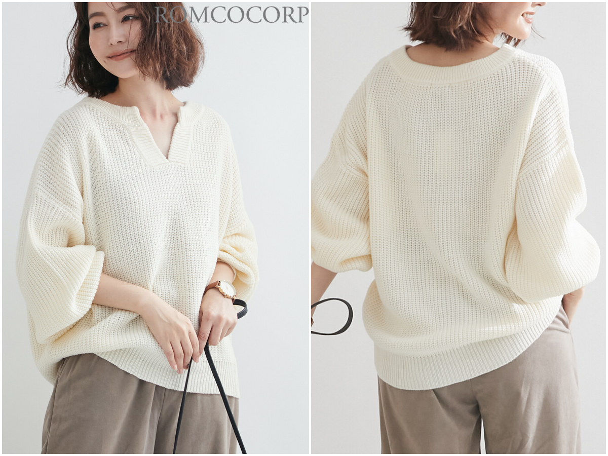 日本女裝代購 - 優雅小V領寬鬆針織上衣-米白 (M(Free size))