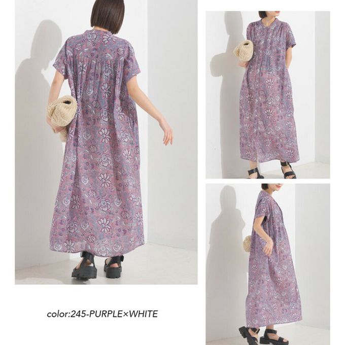 日本 OMNES - 100%印度棉 襯衫式印花短袖洋裝-紫版滿花