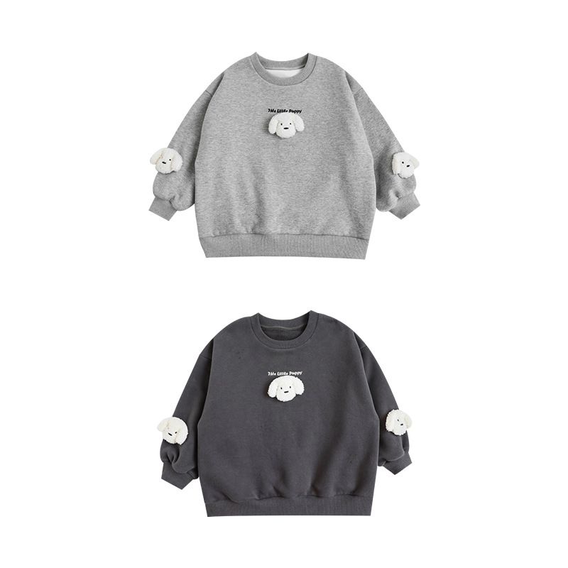 TONGMO - (加絨)立體圓領保暖長袖上衣/大學T-狗狗-淺麻灰色