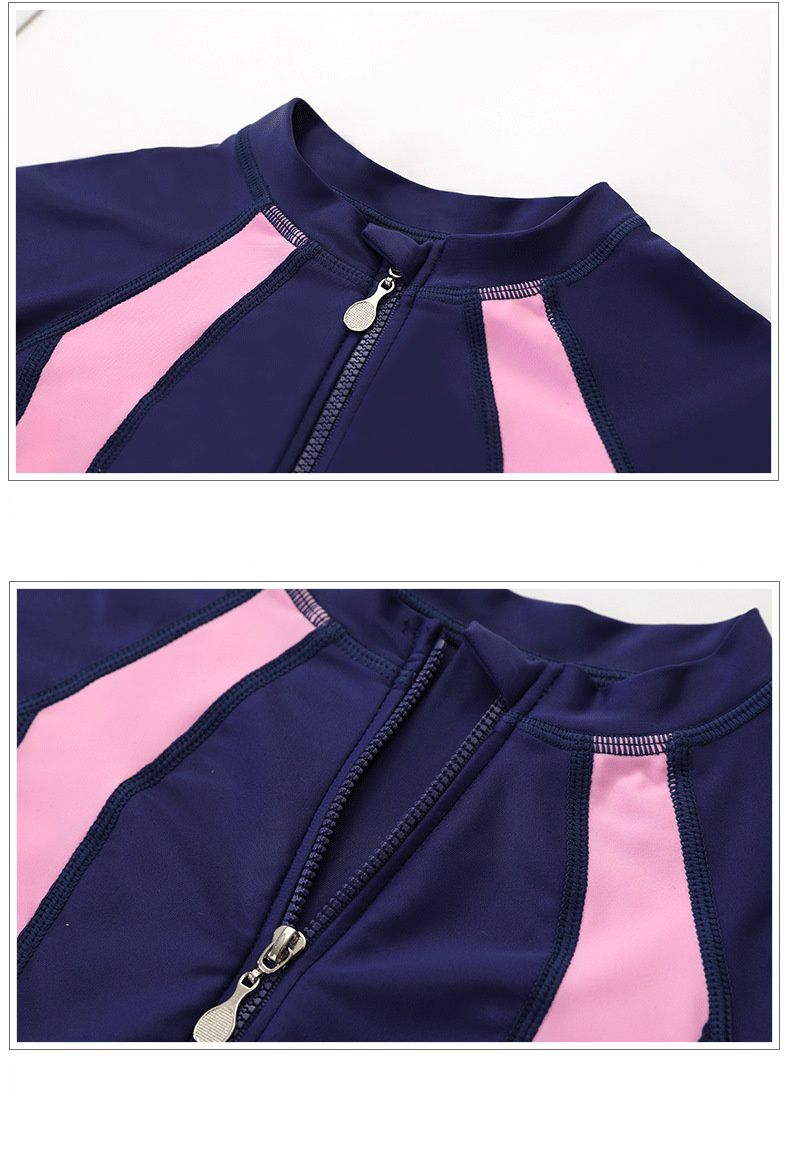 運動風短袖連身泳裝-裙子款-粉+藍