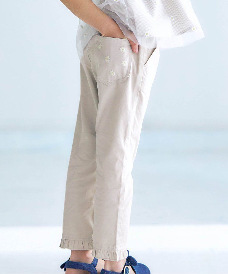 日本 apres les cours - 雛菊刺繡口袋下擺荷葉休閒九分褲-丹寧藍