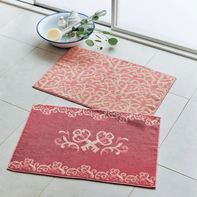 日本千趣會 - 純棉吸水毛巾腳踏墊兩件組-開運圖騰-粉 (40x60cm)