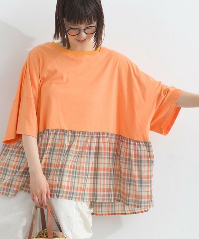 日本 Lupilien - 接觸涼感 可愛格紋休閒五分袖上衣-灰棕