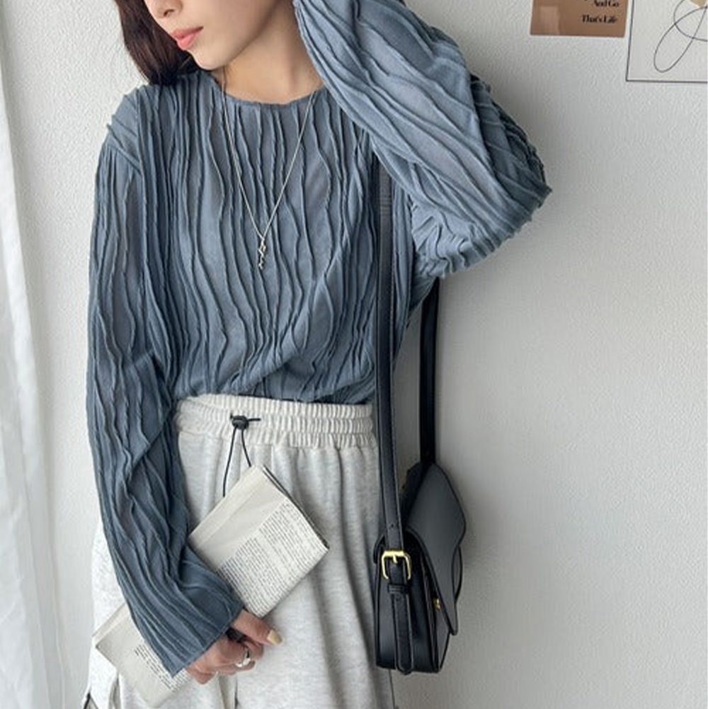 圓領波紋透感長袖上衣-深灰藍