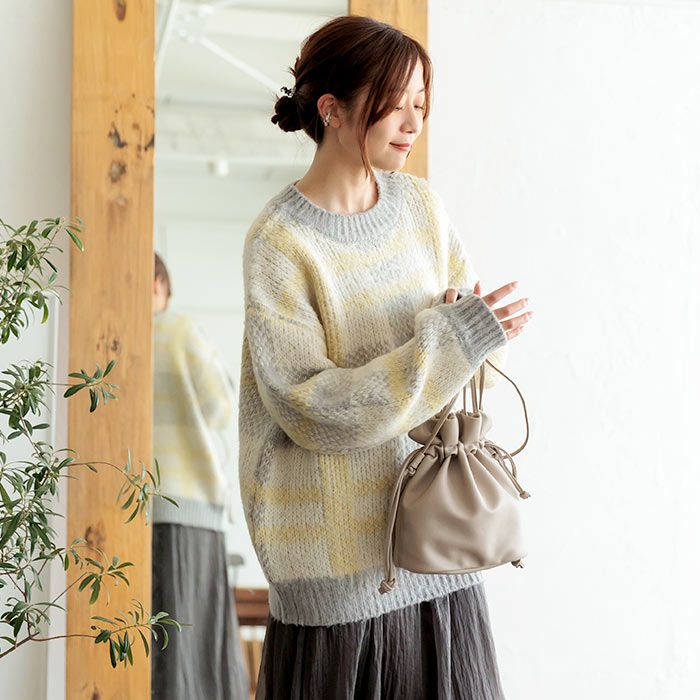 日本 ihuu - 大格紋俏皮針織毛衣-淺黃灰