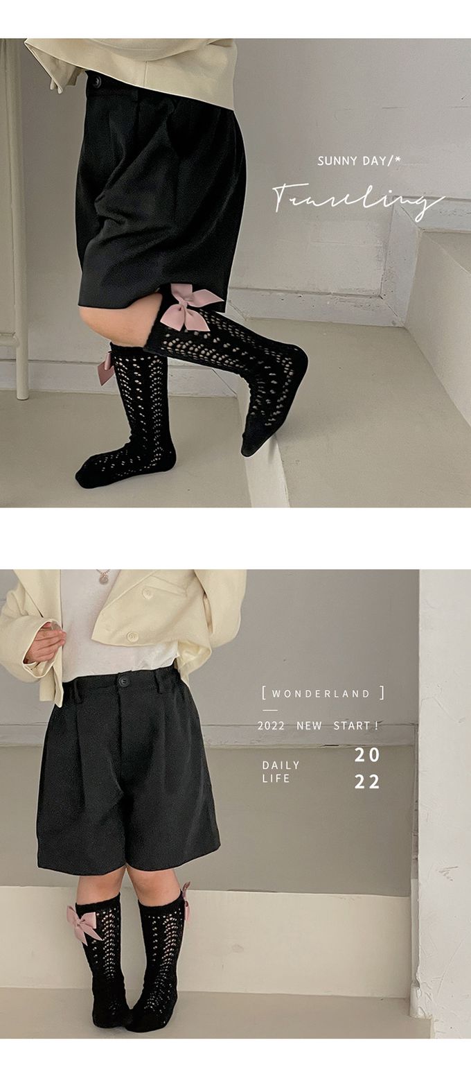 JB clothes - 三入一組-1102蝴蝶結網眼中筒襪-A款(黑白棕)