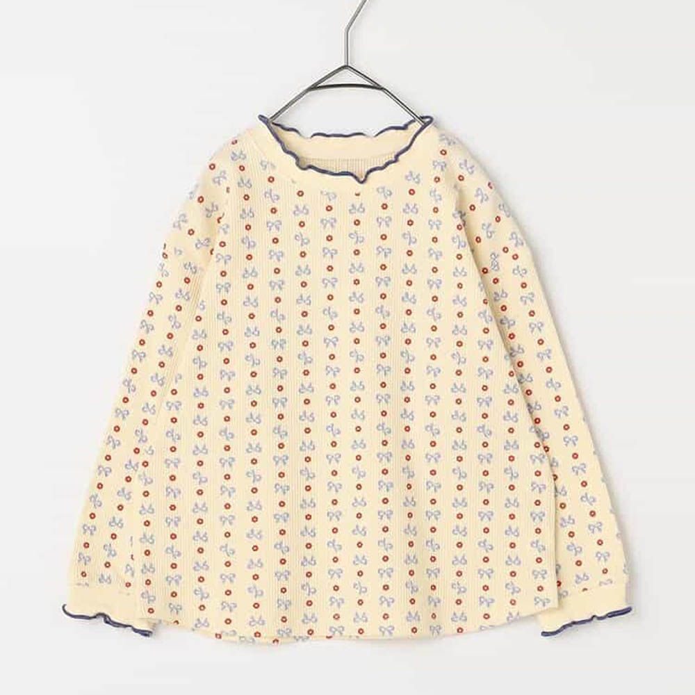 華夫格木耳邊設計感印花長袖上衣-蝴蝶結-白