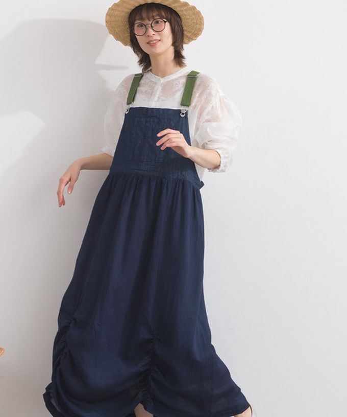 日本 Lupilien - 拼接風抽繩飄逸薄牛仔吊帶洋裝-藍灰系