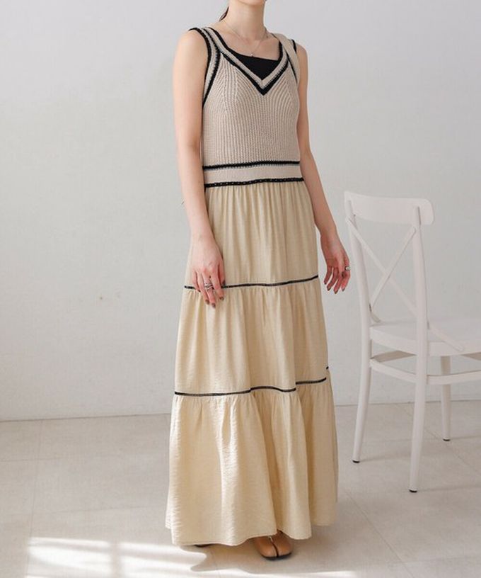 日本 Bab - 純棉針織拼接渡假風無袖洋裝-淺米杏