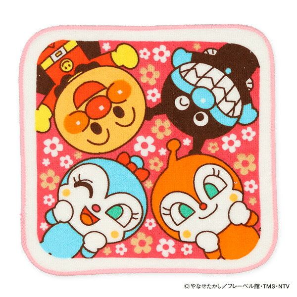 日本西松屋 - 純棉上學擦手巾/手帕(3入組)-麵包超人-粉紅小病毒 (16×16cm)