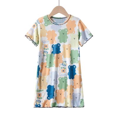 冰絲涼感木耳邊連身睡裙/家居服-軟糖熊熊-白色