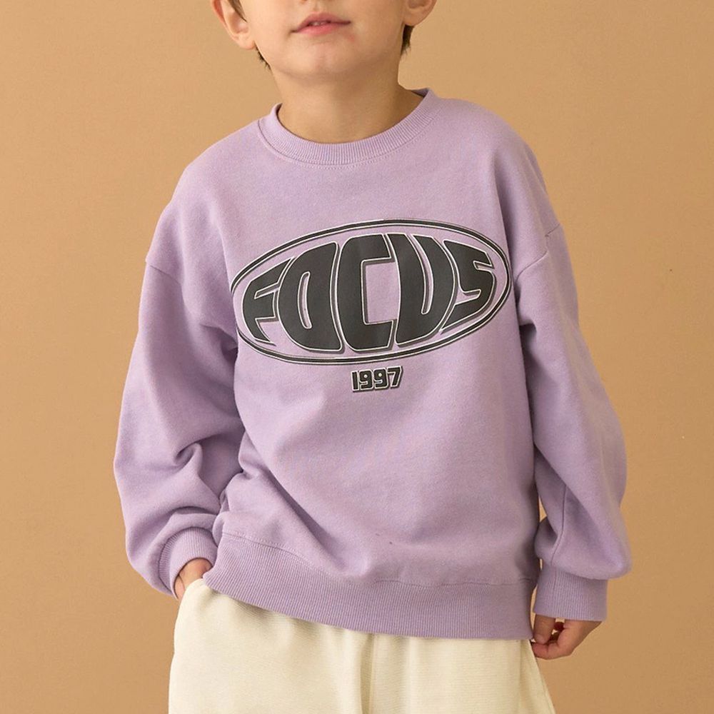 100%棉 美式印花縮口大學長袖上衣-紫