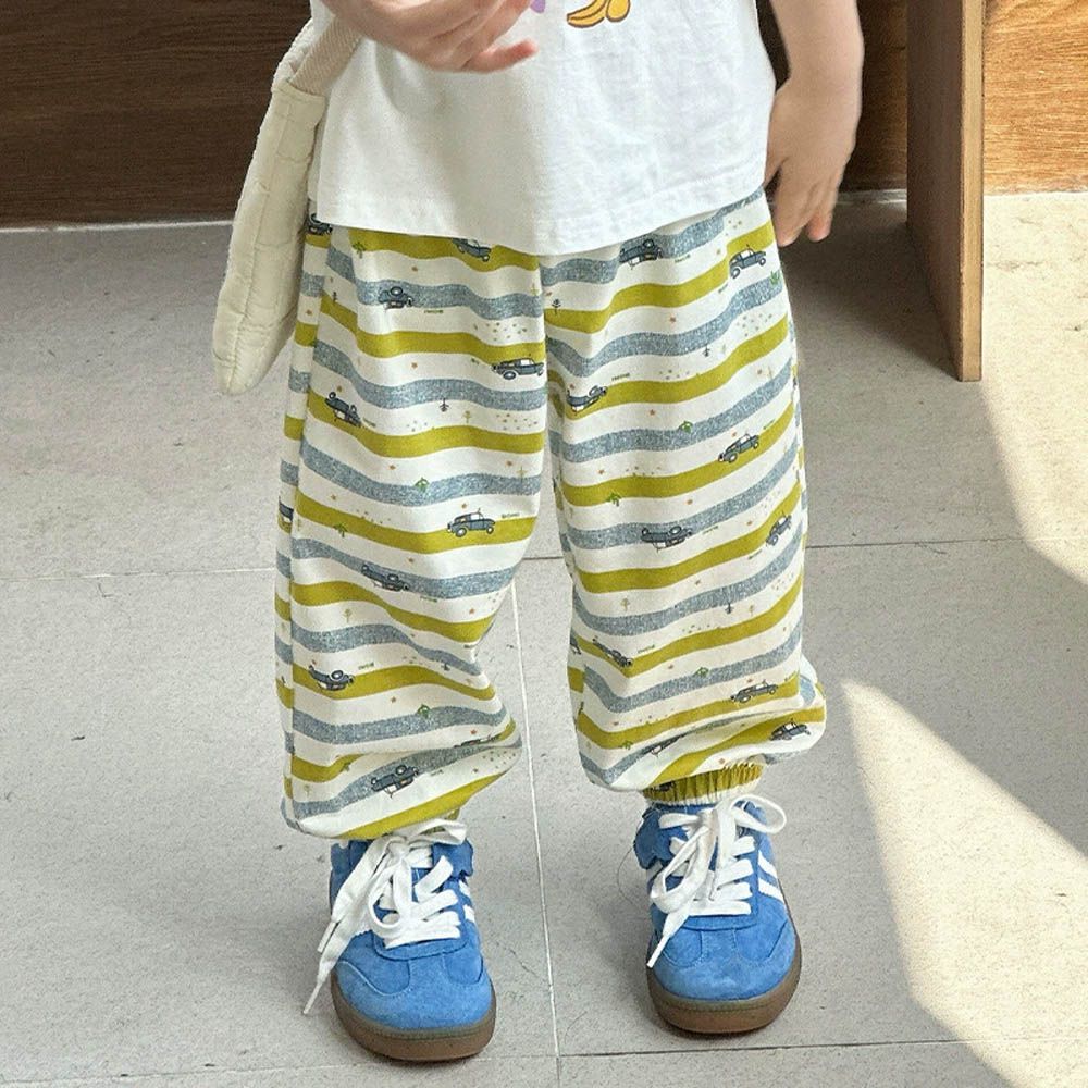 涼感輕薄透氣防蚊褲-小汽車-藍綠條紋