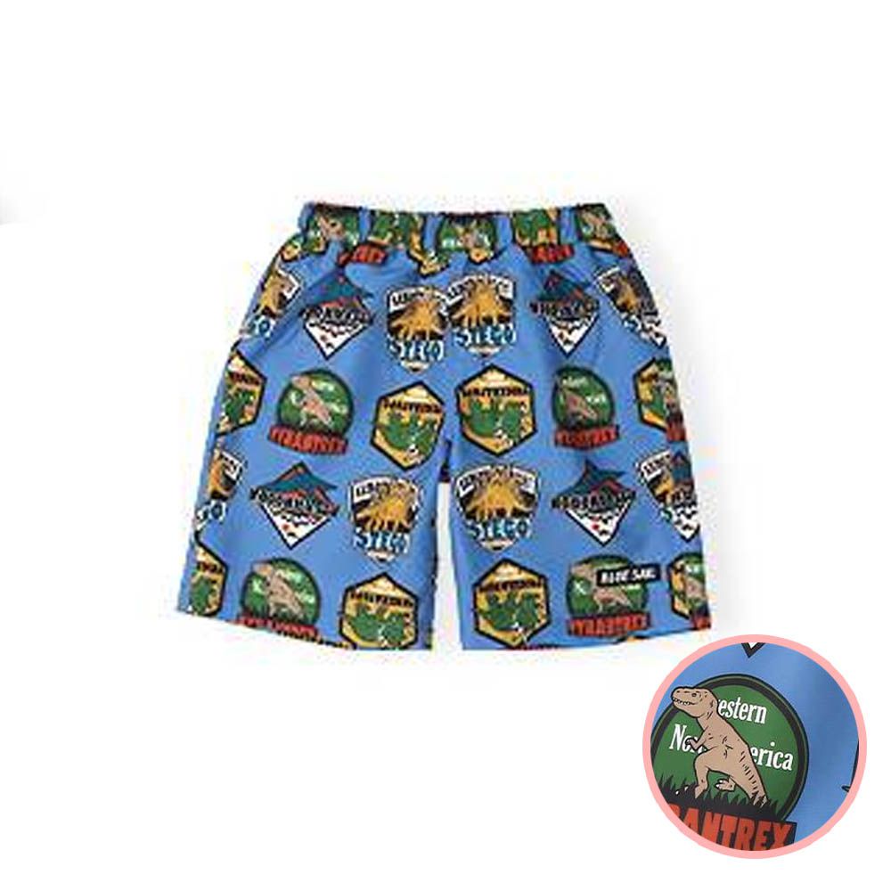 抗UV 童趣印花海灘褲／泳褲(含內褲)-恐龍徽章-藍