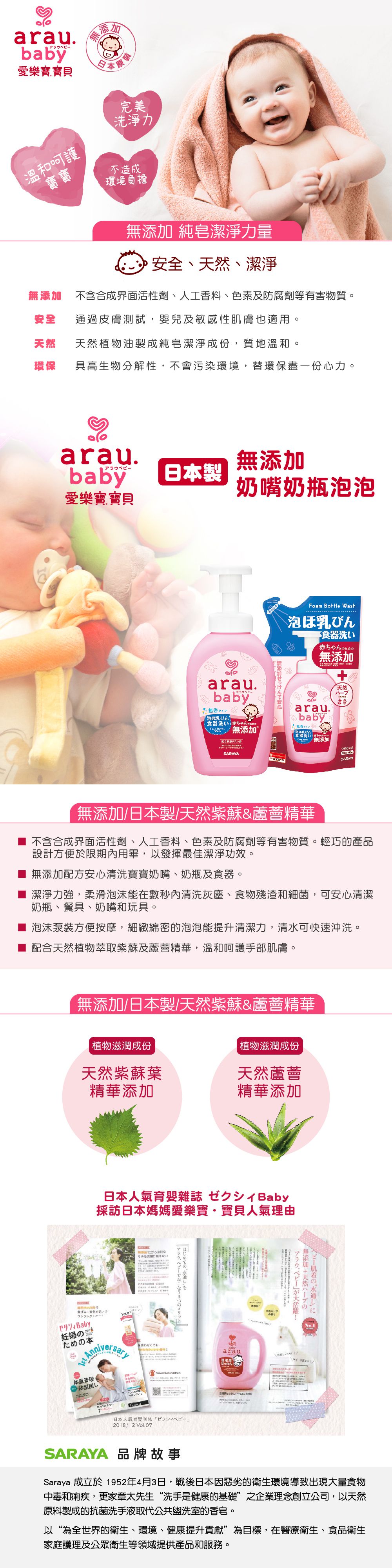 日本 SARAYA - arau.baby愛樂寶寶貝無添加奶嘴奶瓶清潔泡泡-500ml
