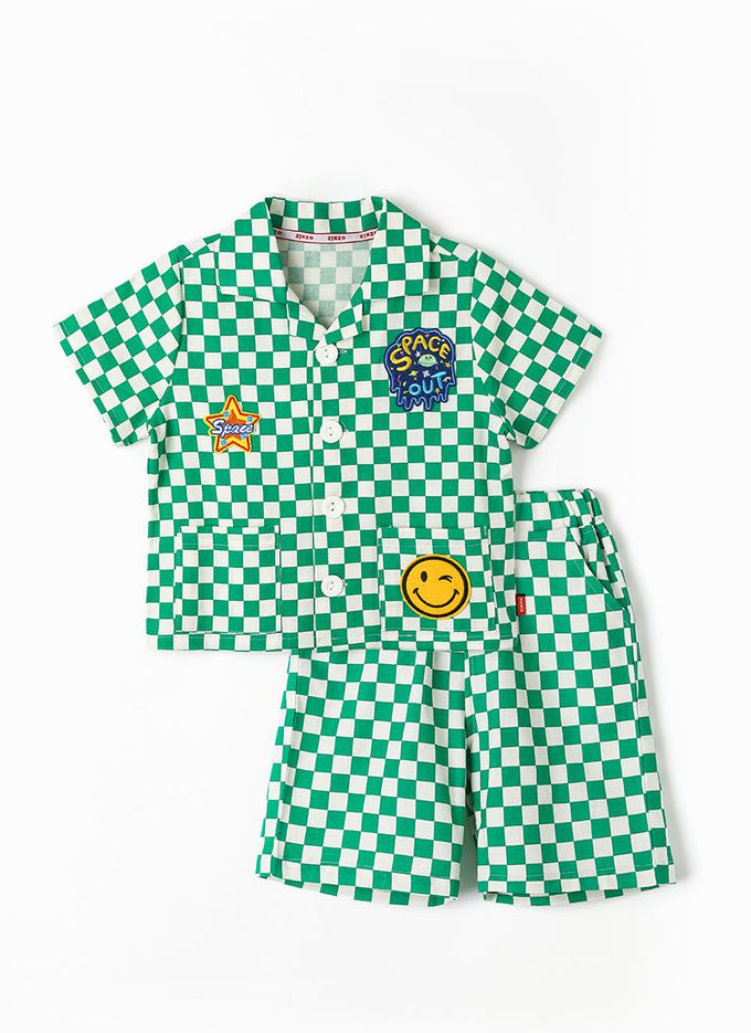 韓國 OZKIZ - 圖章點綴格紋短袖套裝-綠