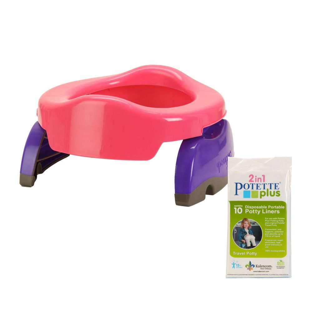 美國 Potette Plus - 可攜式馬桶-粉紅色+拋棄式防漏袋10入裝)
