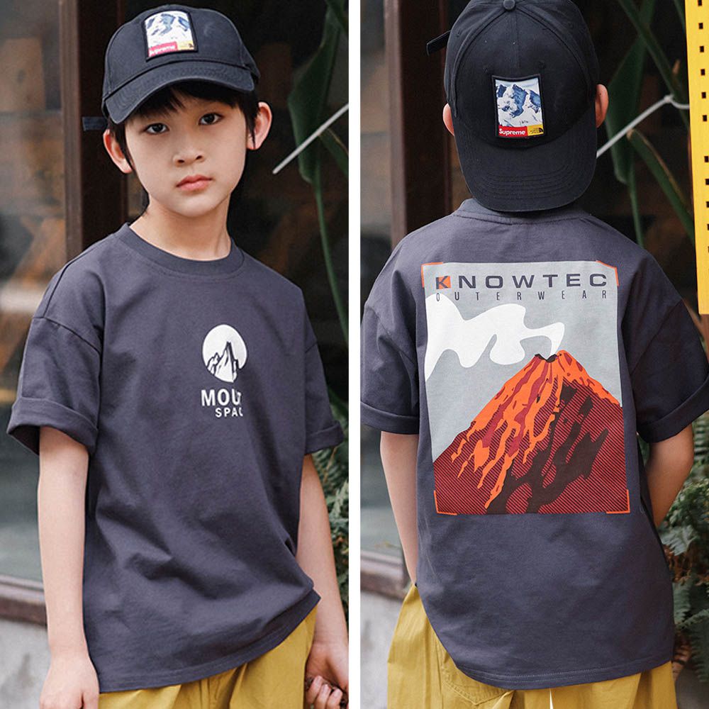 純棉圓領短袖上衣-山峰印花-灰色