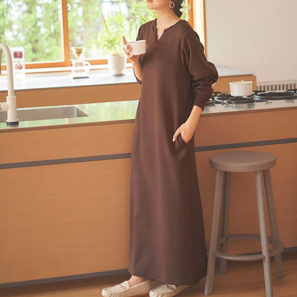極上溫暖 裏起毛鑰匙領休閒長袖洋裝-咖啡