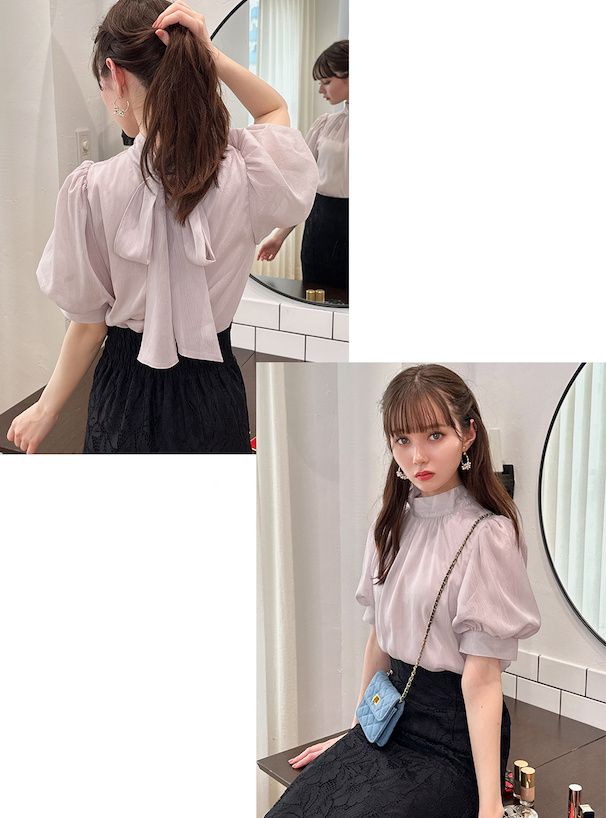 日本 GRL - 後綁帶柔美光澤雪紡泡泡袖上衣-香檳粉 (F)