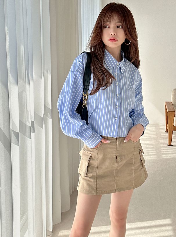日本 GRL - 休閒短版直條紋落肩襯衫-淺灰棕 (F)