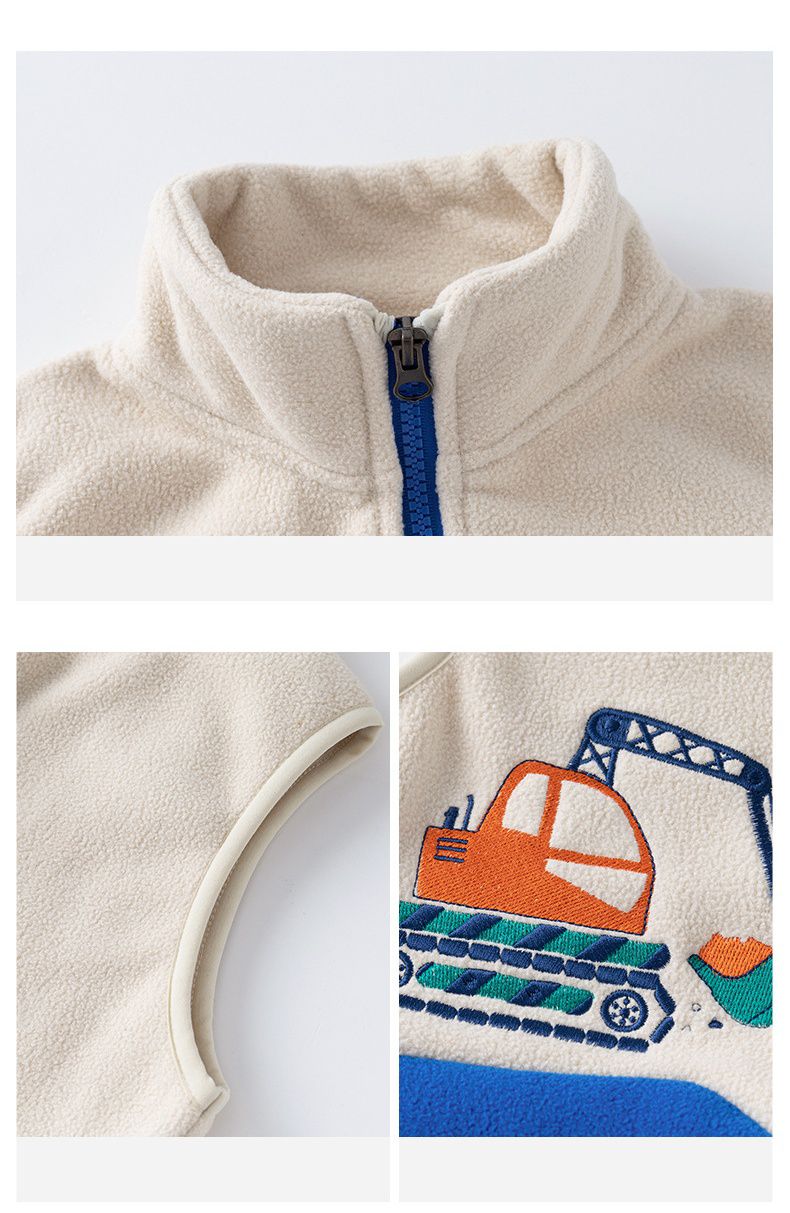 搖粒絨保暖兒童背心-工程車-杏+深灰