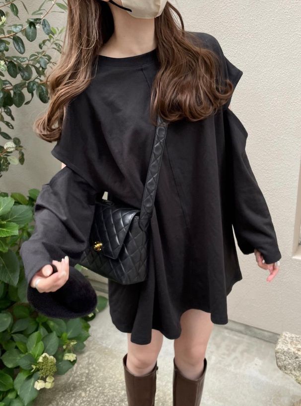 日本 GRL - 慵懶落肩開袖設計長版上衣-黑 (F)