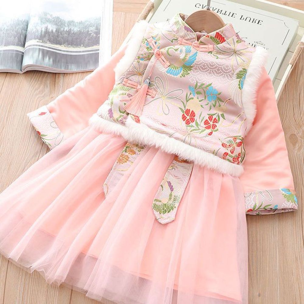 鳳舞背心唐裝紗裙-加厚款洋裝＋背心-粉色
