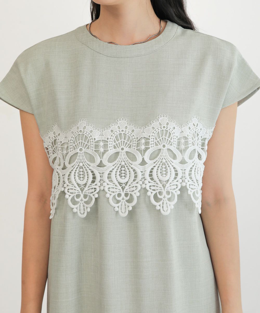 日本 Bab - 前蕾絲拼接短袖洋裝-黑