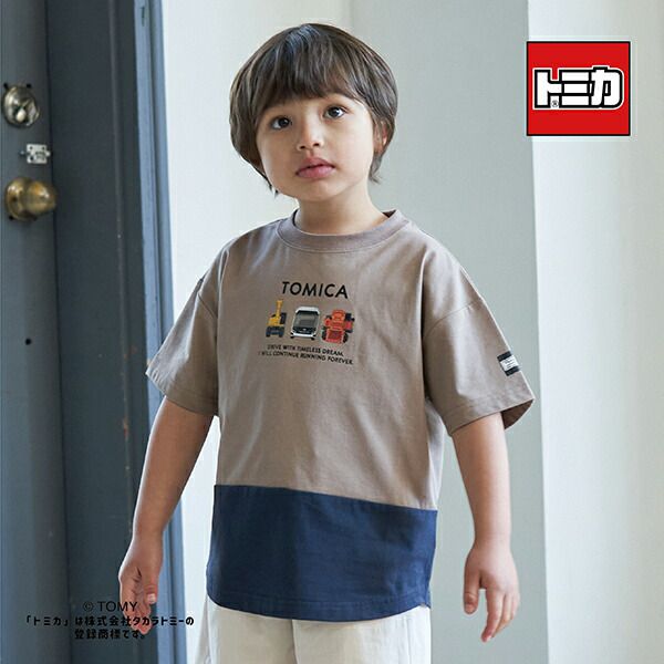 日本 b-ROOM - TOMICA聯名 印花短袖上衣-撞色-白x卡其