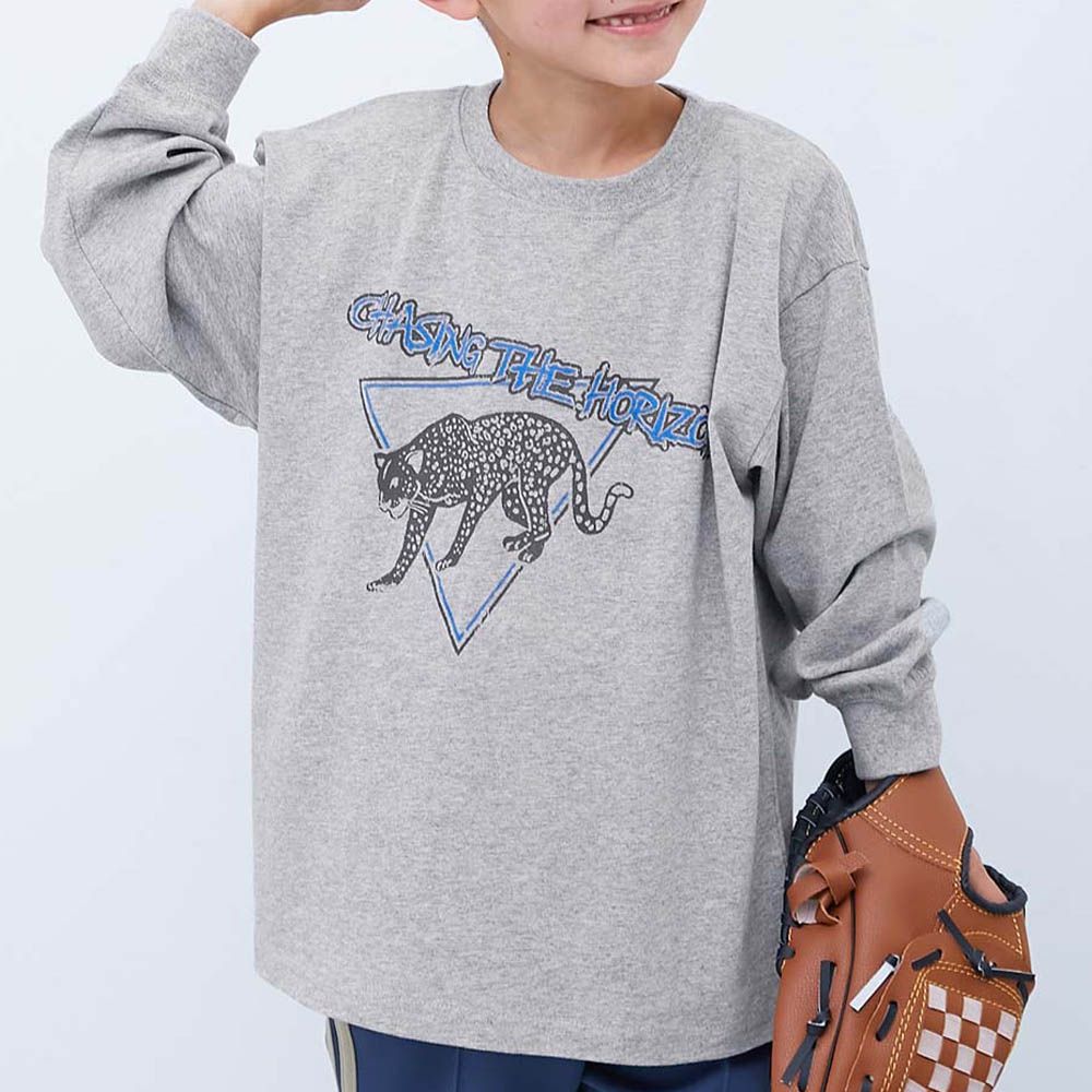 100%棉 定番印花寬版長袖上衣-花豹-雜灰