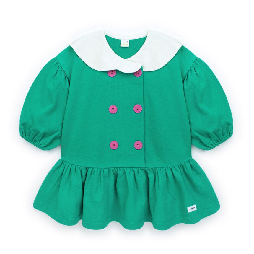 韓國 Pimpollo - 雲朵翻領鈕扣波浪洋裝-綠