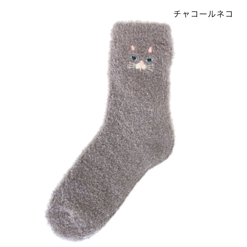 日本 TOMO - 可愛動物刺繡毛絨保暖襪-比熊犬-灰 (22-25cm)