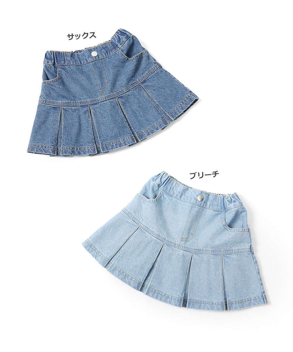 日本 devirock - 甜美百摺牛仔迷你裙(有貼心內裡褲)-水藍