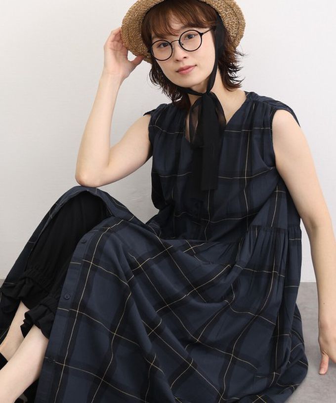 日本 Lupilien - 100%印度棉 清爽格紋開襟無袖洋裝-桃紅