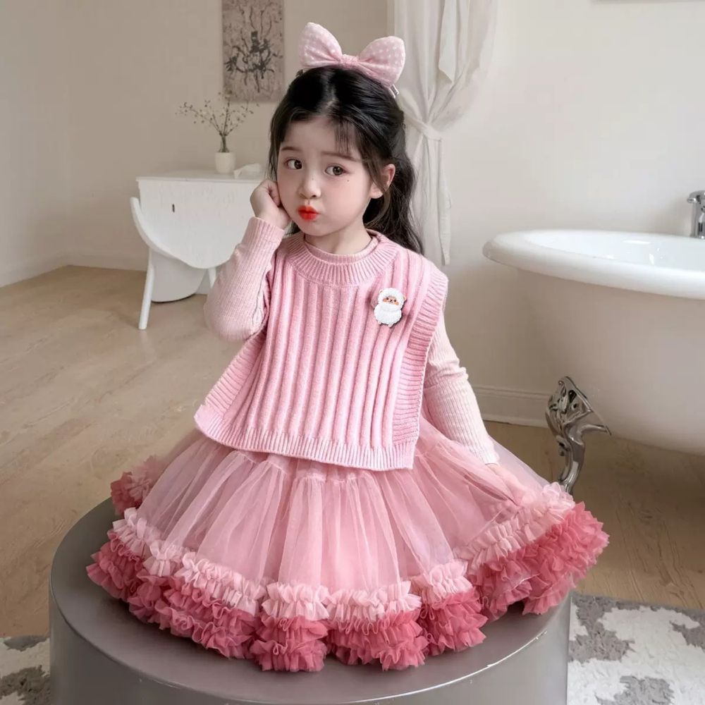 新年生日Party可愛羊駝配飾漸層網紗蛋糕裙長袖洋裝-長袖洋裝+毛衣背心(2件一組)-漸層珊瑚粉色