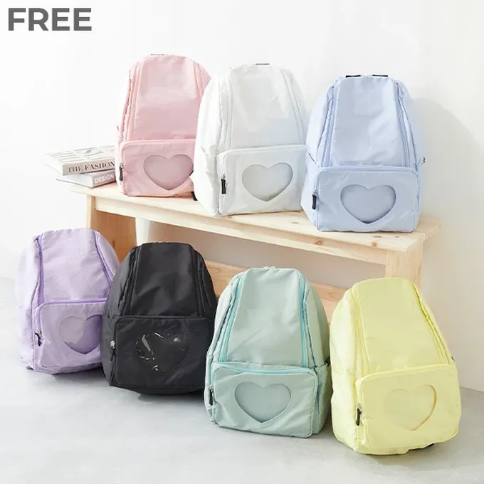 日本 devirock - 心型透明窗(娃包口袋)輕巧大容量後背包-附鏡子-冰藍