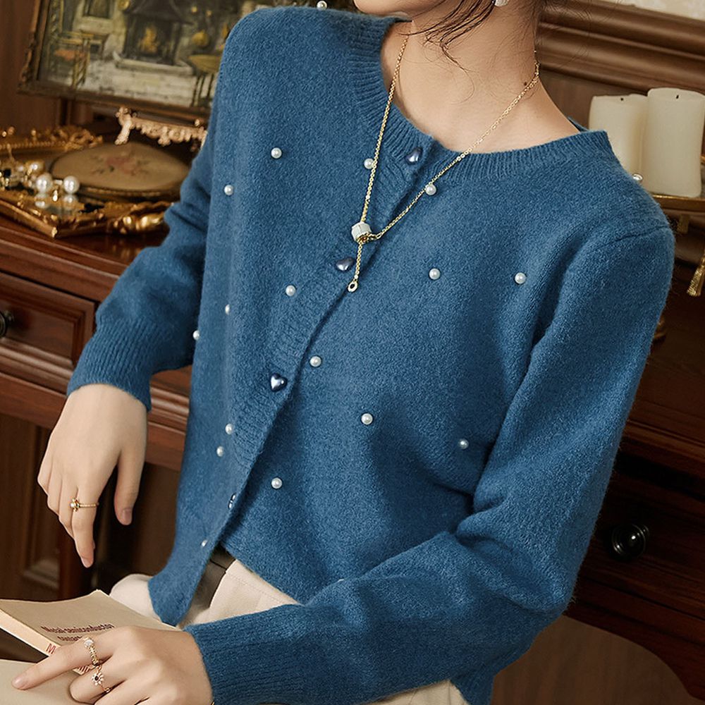溫柔珍珠針織毛衣-藍色
