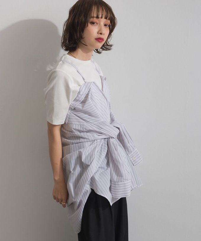 日本 ELENCARE DUE - 2way穿法俐落條紋寬版襯衫-白