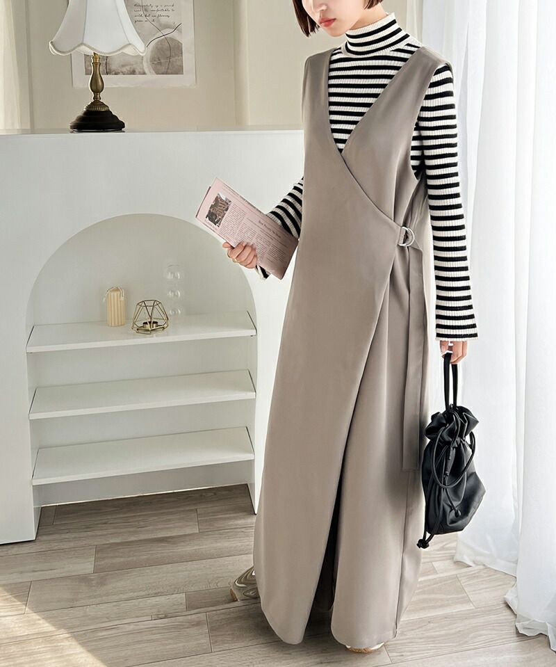 日本 Classical Elf - 前後穿V領垂墜感綁腰休閒寬褲-黑