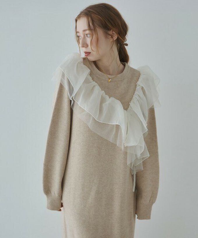 日本 Bab - 交叉薄紗荷葉柔美針織長袖洋裝-咖啡