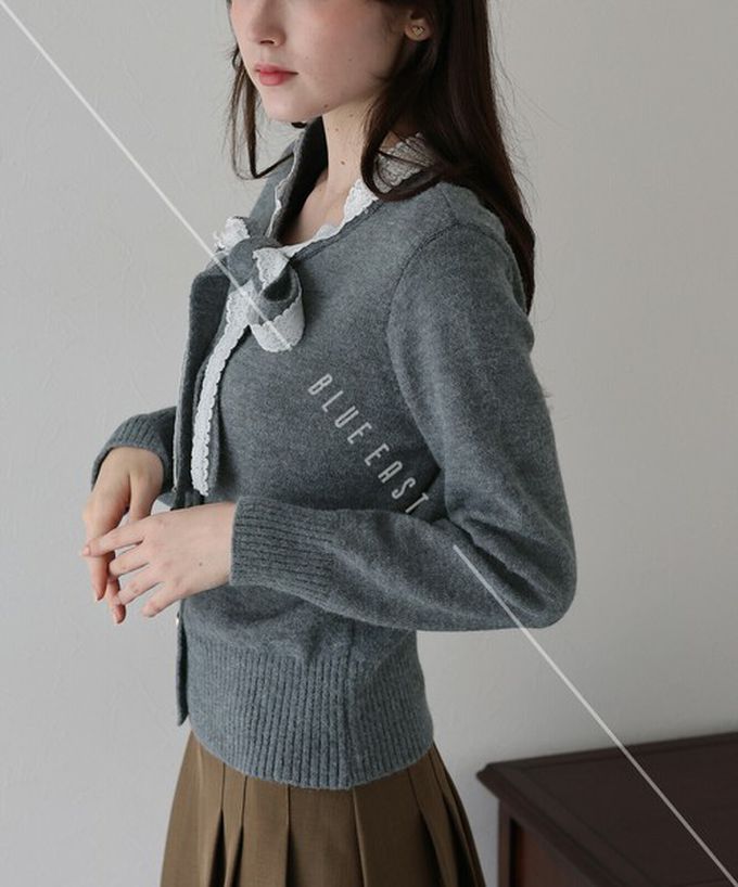 日本 BLUE EAST - 少女爛漫蕾絲蝴蝶結開襟衫-灰