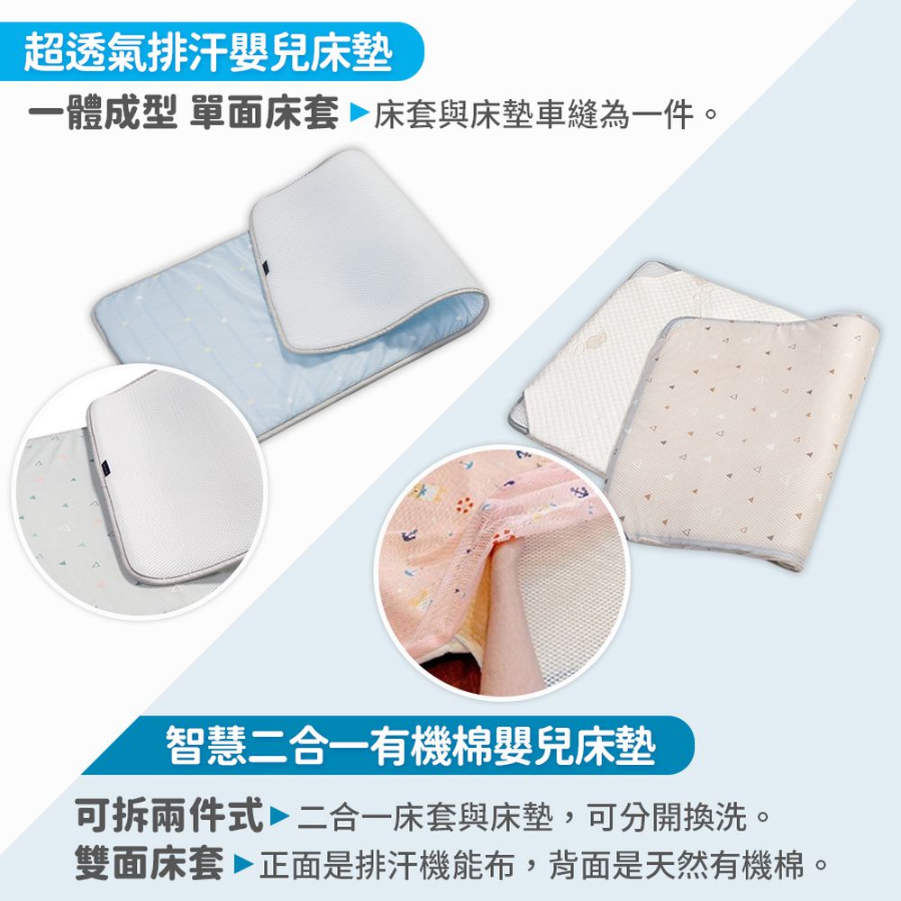 二合一有機棉透氣排汗嬰兒床墊-水手熊粉