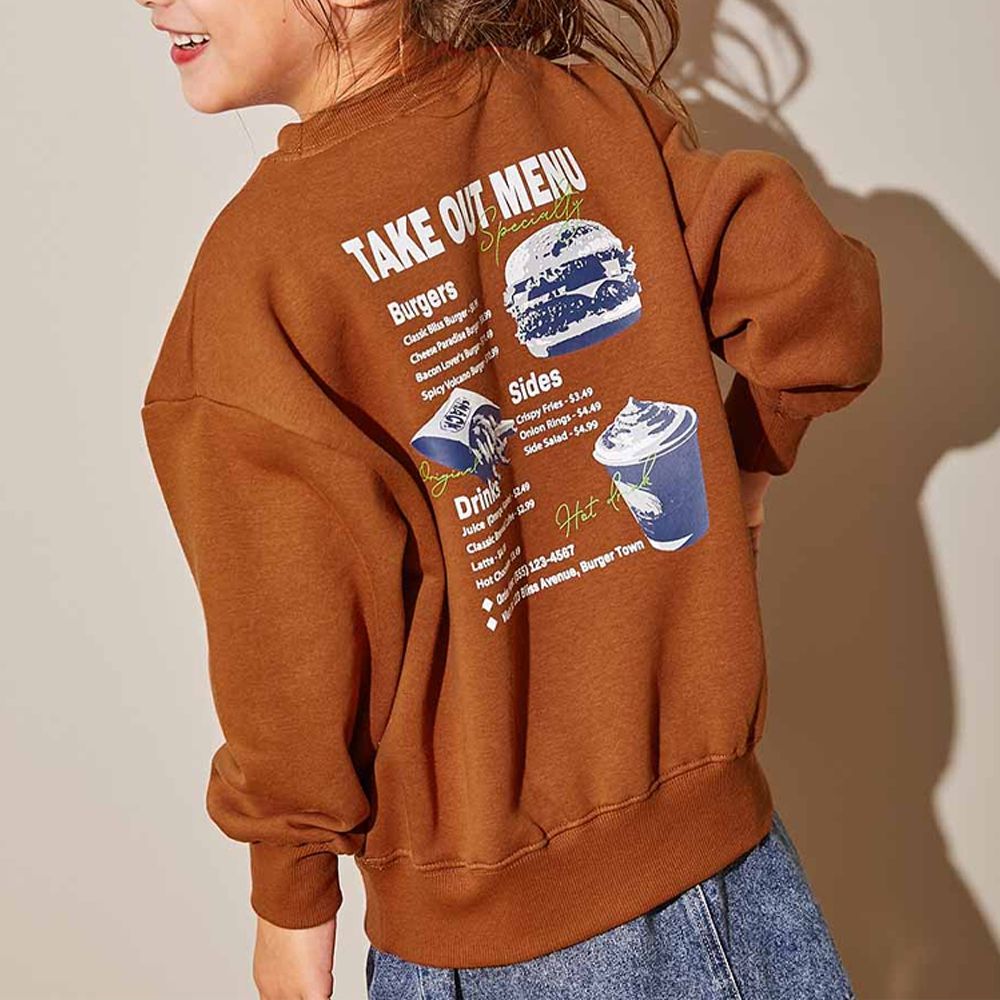 裏起毛個性印花大學T-漢堡套餐-磚橘